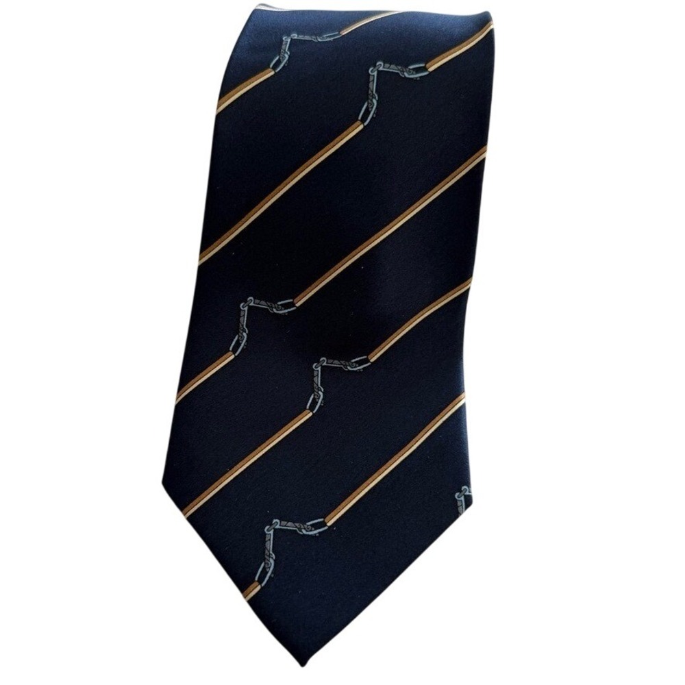 Sinsabang 100% Silk Elegant Navy Blue‎ with Diagonal Gold Striped Chain Tie EUC